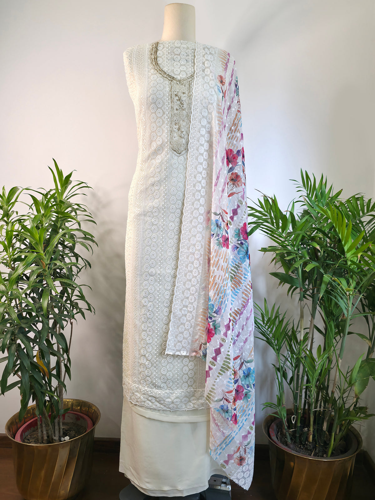 Georgette Floral Unstitched Suit- Cream Floral Neck
