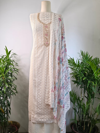 Georgette Floral Unstitched Suit- Peach Floral Neck