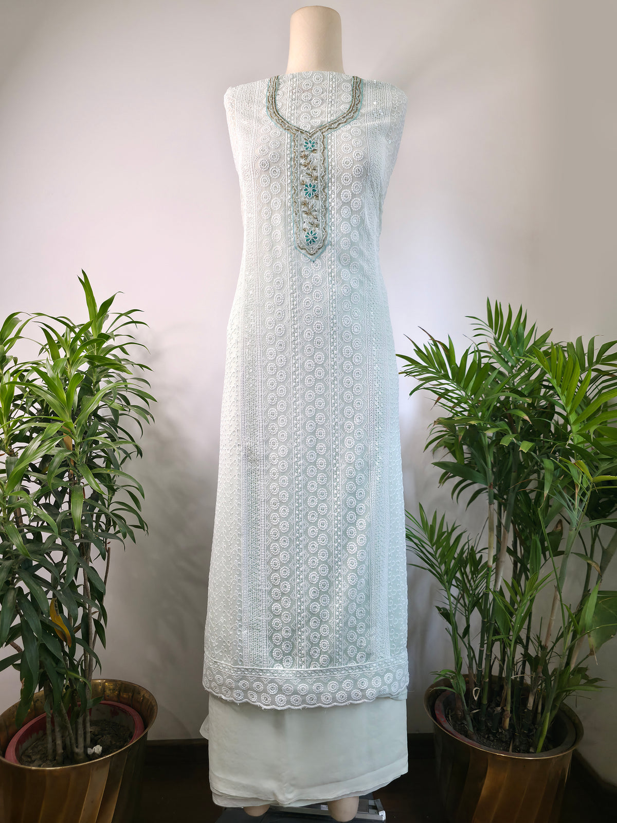 Georgette Floral Unstitched Suit- Sea Blue Floral Neck