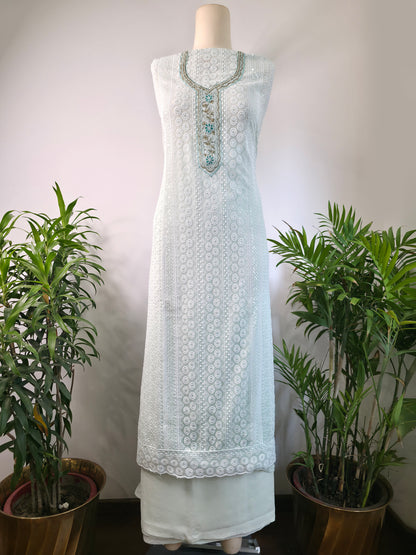 Georgette Floral Unstitched Suit- Sea Blue Floral Neck