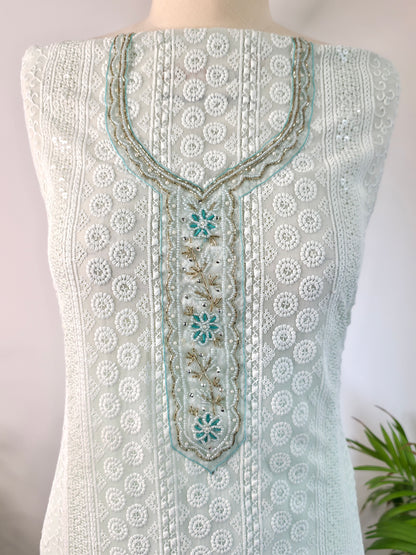 Georgette Floral Unstitched Suit- Sea Blue Floral Neck