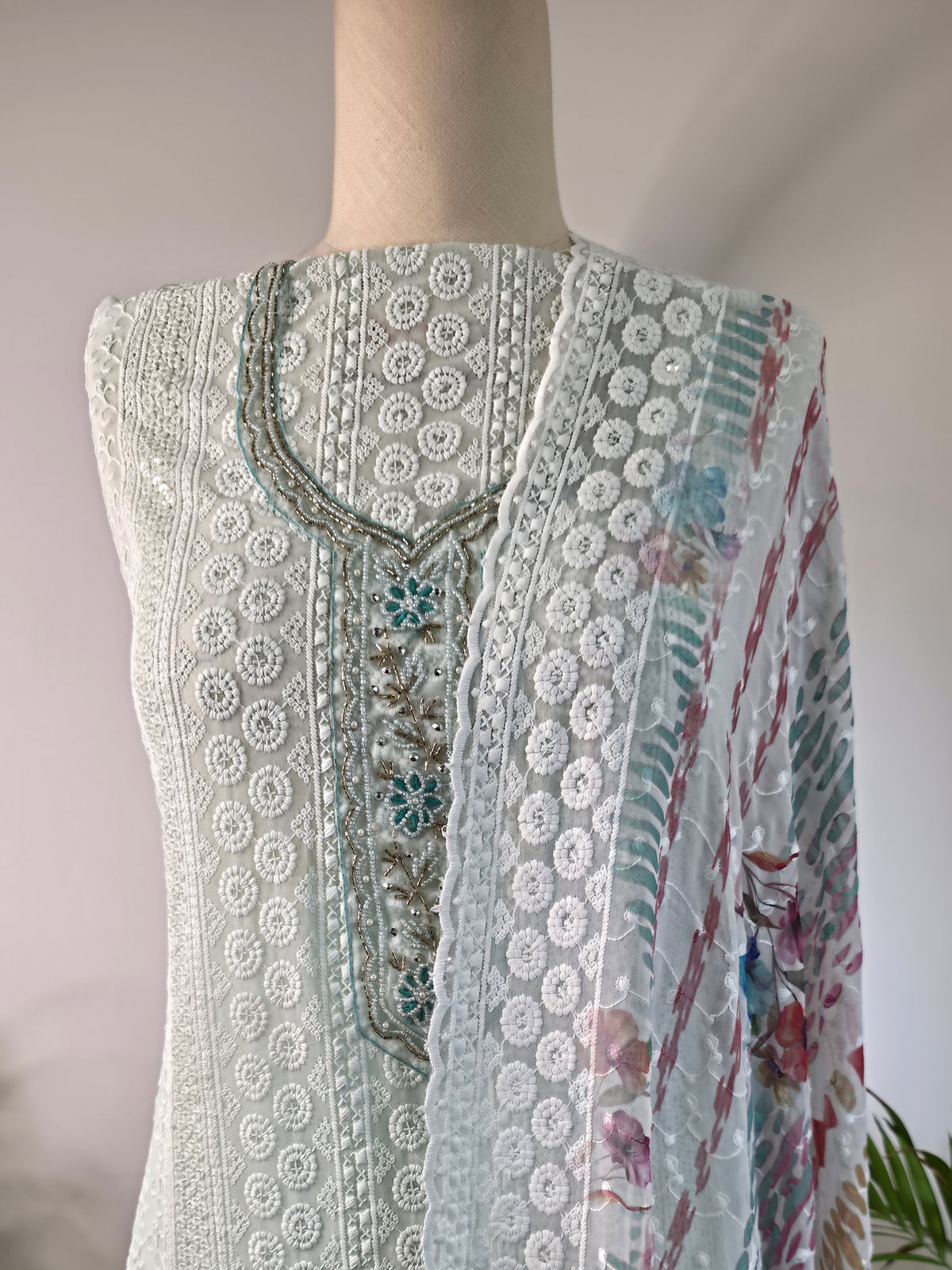 Georgette Floral Unstitched Suit- Sea Blue Floral Neck