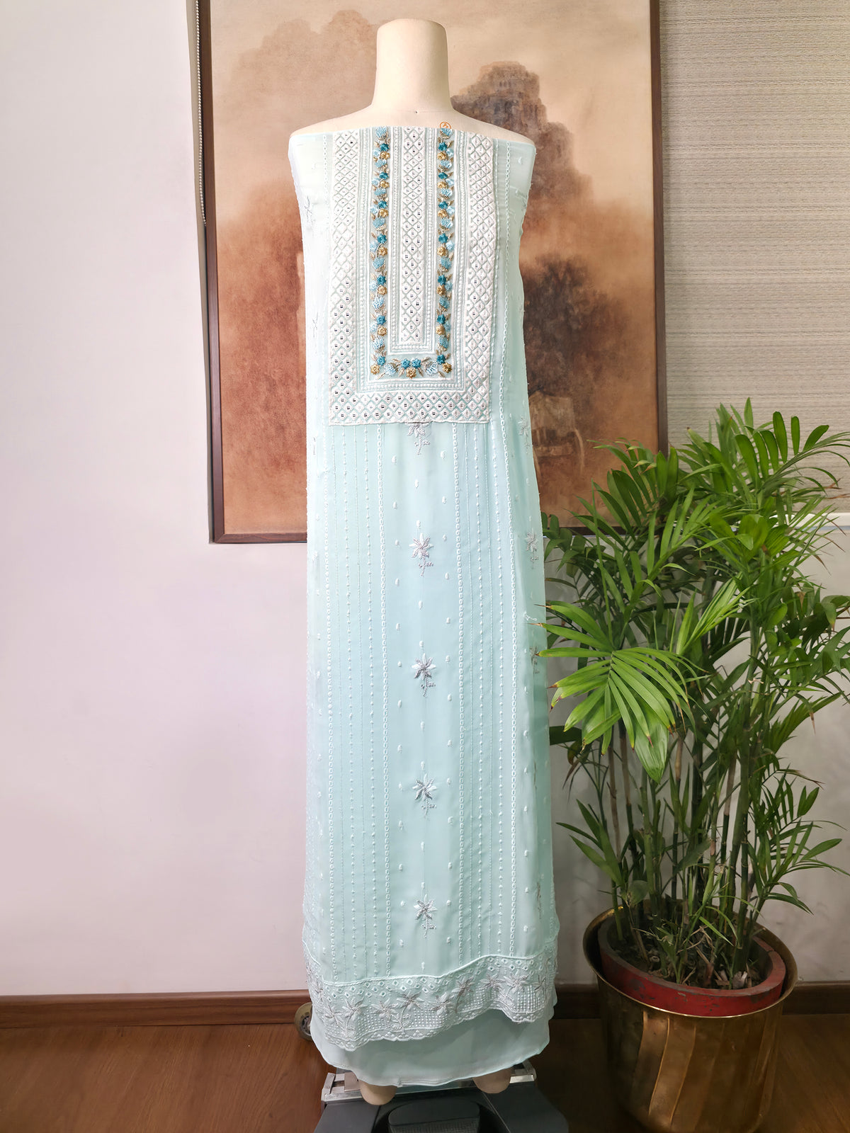 Cotton Embroidered Unstitched Suit- Mehfil Cream Blue