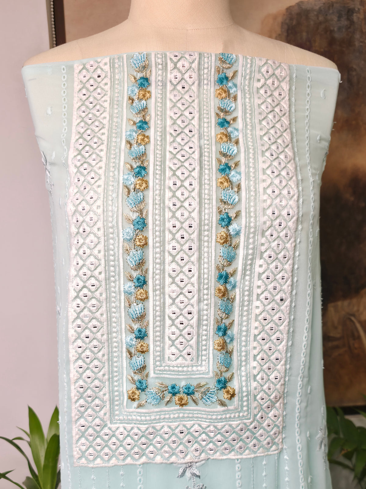 Cotton Embroidered Unstitched Suit- Mehfil Cream Blue