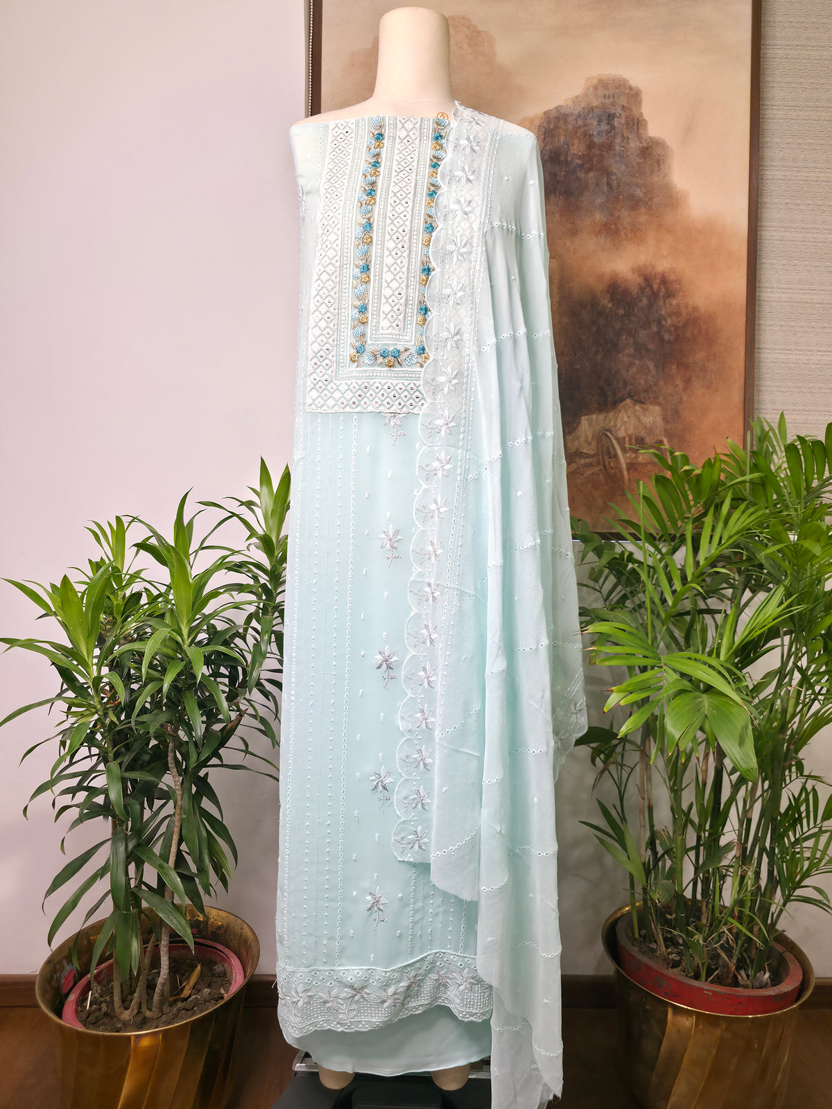 Cotton Embroidered Unstitched Suit- Mehfil Cream Blue