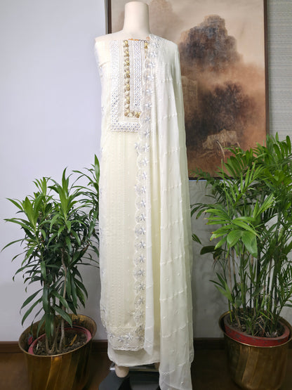 Georgette Embroidered Unstitched Suit- Mehfil Cream Yellow