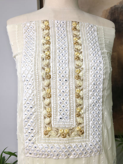 Georgette Embroidered Unstitched Suit- Mehfil Cream Yellow
