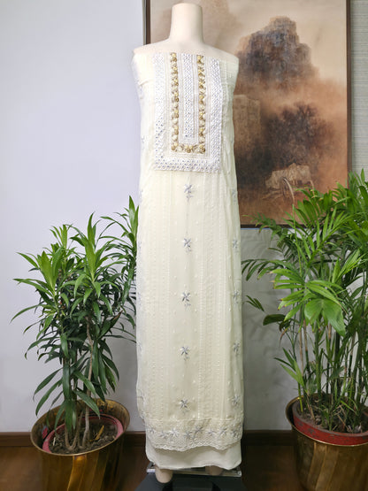 Georgette Embroidered Unstitched Suit- Mehfil Cream Yellow
