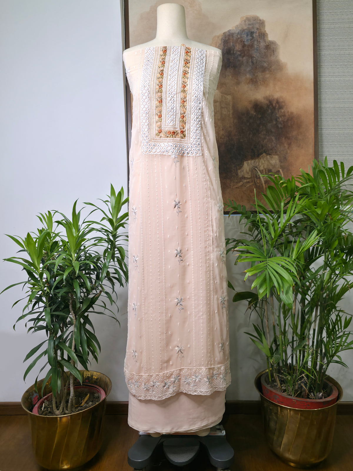 Cotton Embroidered Unstitched Suit- Mehfil Cream Peach