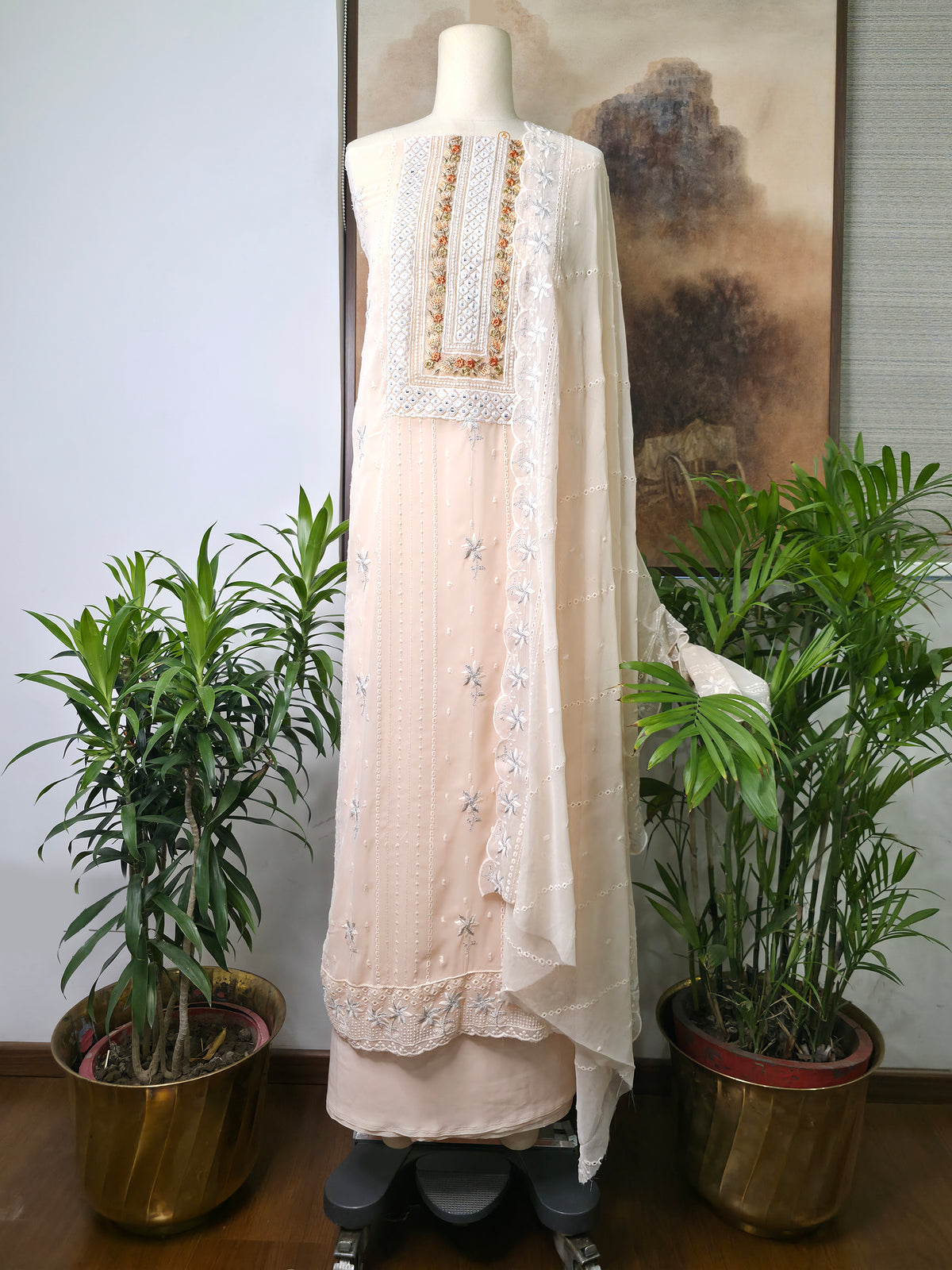 Cotton Embroidered Unstitched Suit- Mehfil Cream Peach