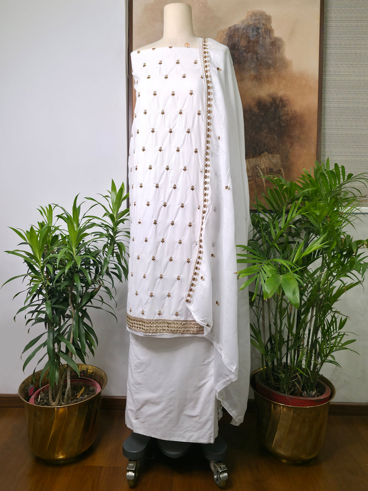 Cotton Embroidered Unstitched Suit- Gulmohar Zari Buti Brown