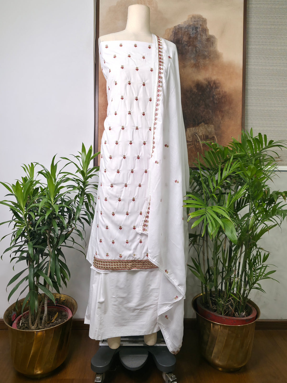 Cotton Embroidered Unstitched Suit- Gulmohar Zari Buti Maroon