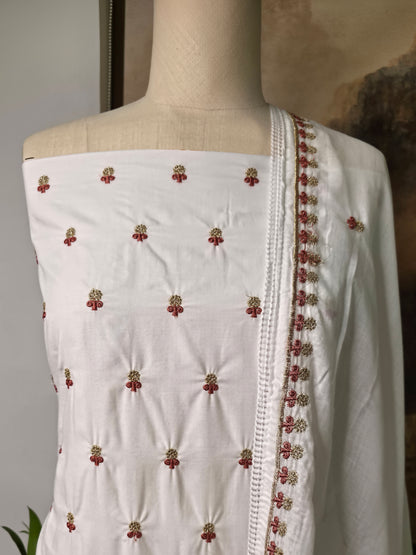 Cotton Embroidered Unstitched Suit- Gulmohar Zari Buti Maroon