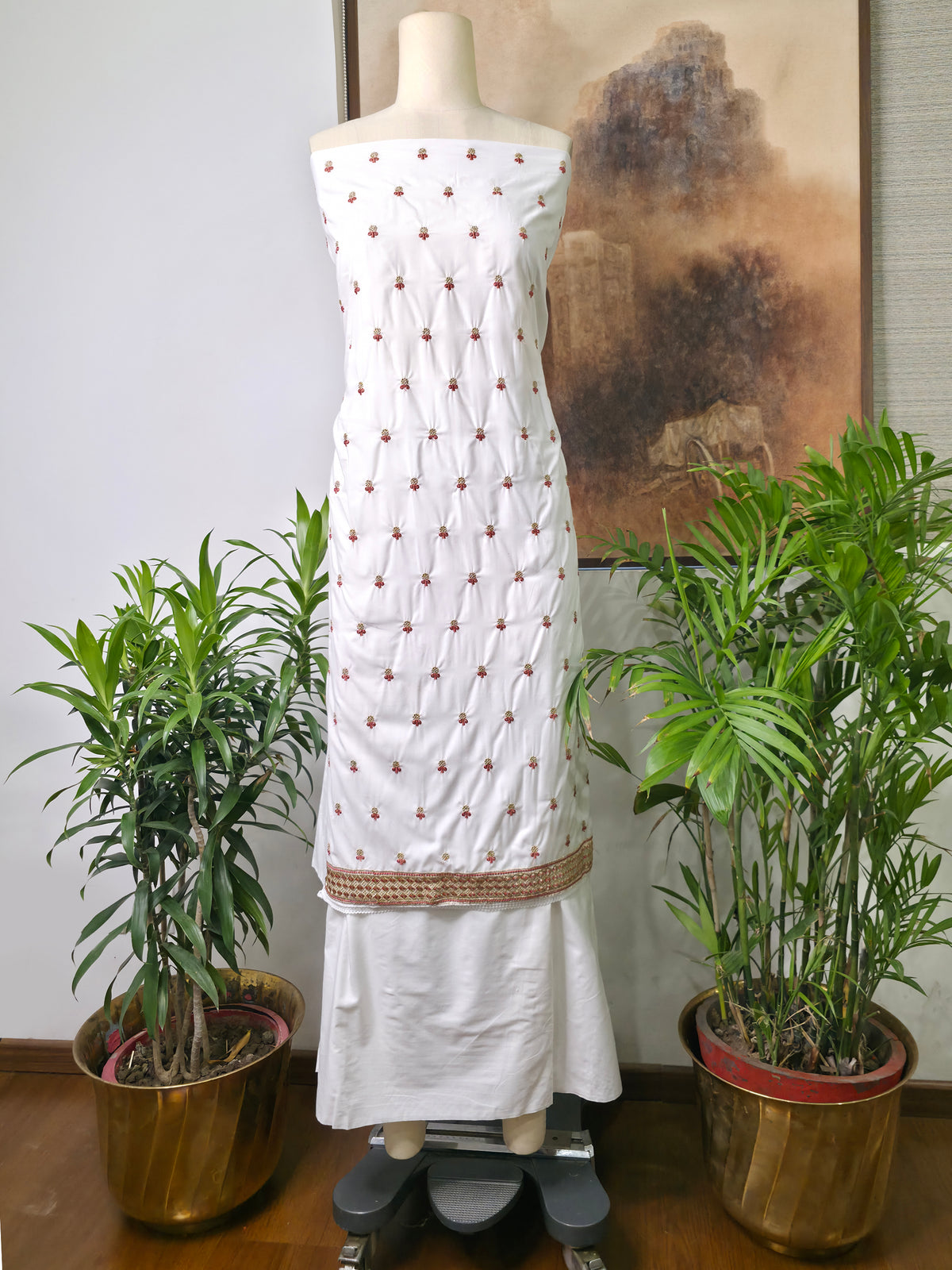 Cotton Embroidered Unstitched Suit- Gulmohar Zari Buti Maroon