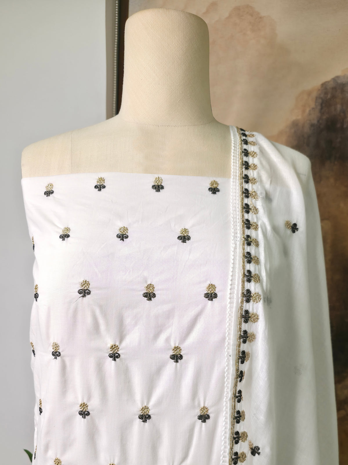 Cotton Embroidered Unstitched Suit- Gulmohar Zari Buti Green