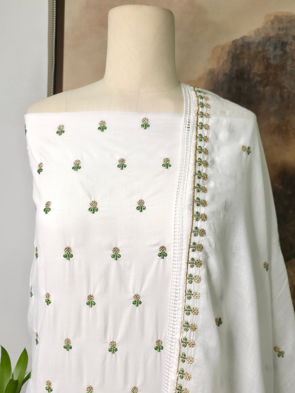 Cotton Embroidered Unstitched Suit- Gulmohar Zari Buti Olive Green