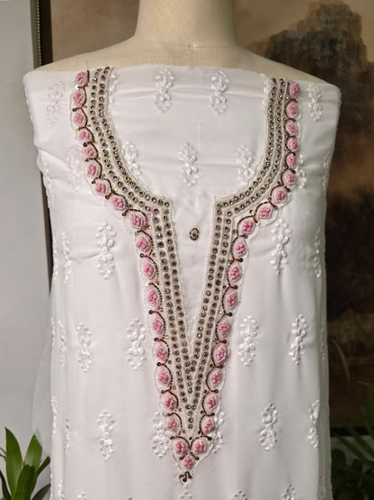Cotton Embroidered Unstitched Suit- Safed Noor- Pink