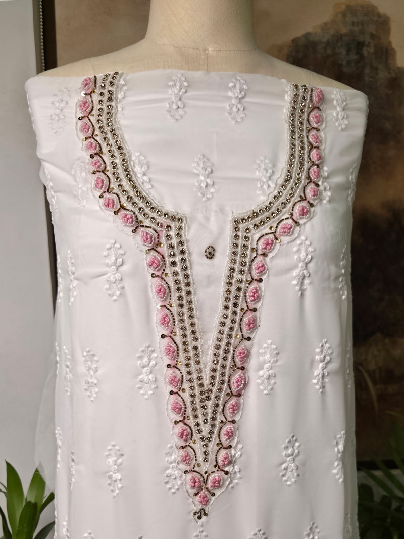 Cotton Embroidered Unstitched Suit- Safed Noor- Pink