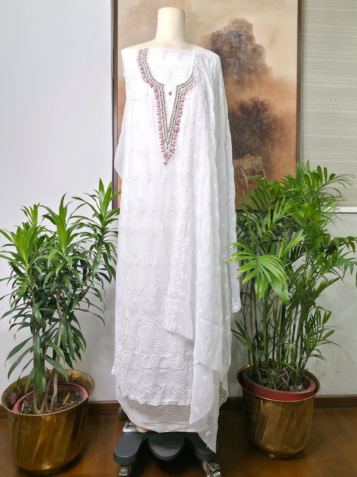 Cotton Embroidered Unstitched Suit- Safed Noor- Pink