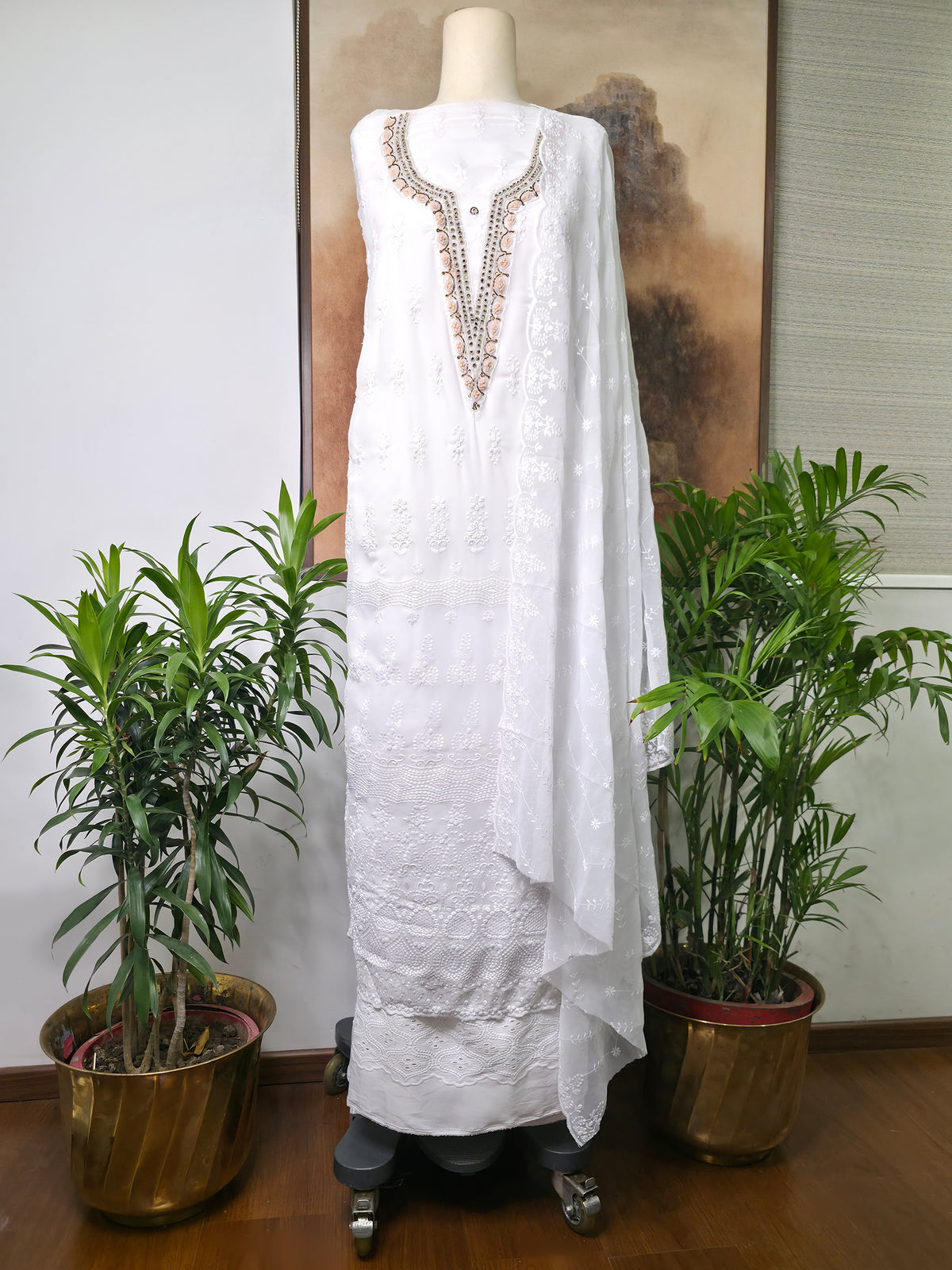 Cotton Embroidered Unstitched Suit- Safed Noor- Orange