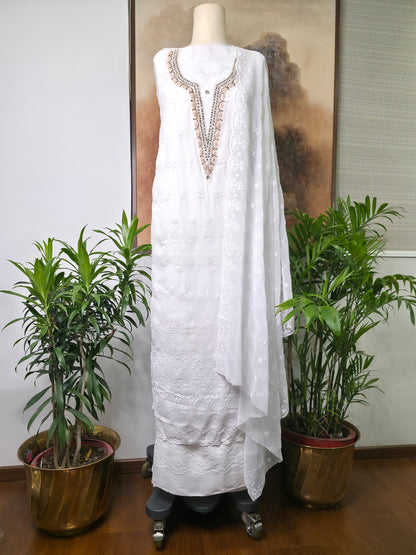 Cotton Embroidered Unstitched Suit- Safed Noor- Orange