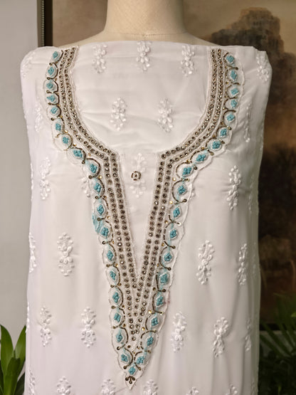 Cotton Embroidered Unstitched Suit- Safed Noor- Blue