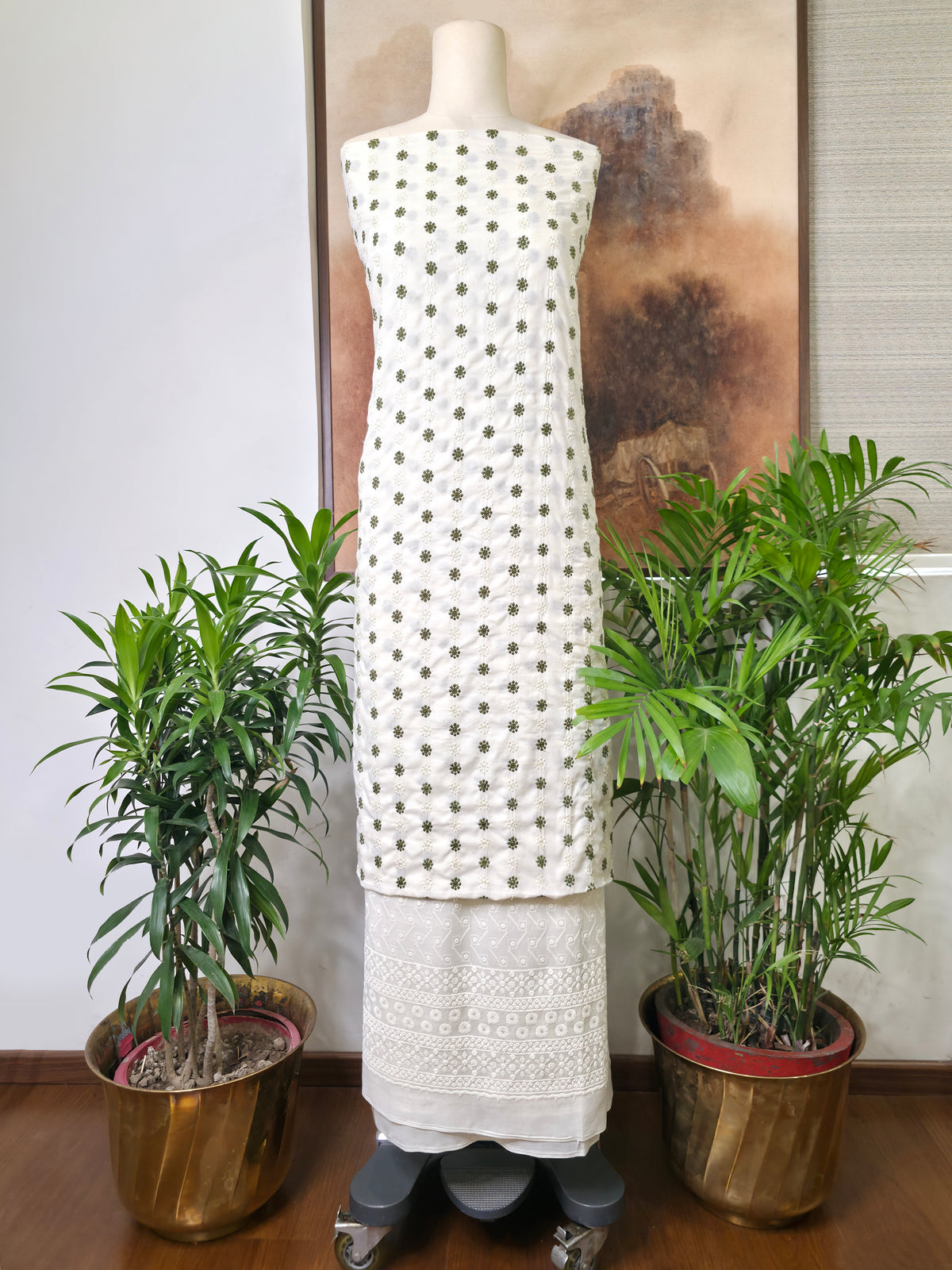 Cotton Embroidered Unstitched Suit- Gulnaar Olive Green