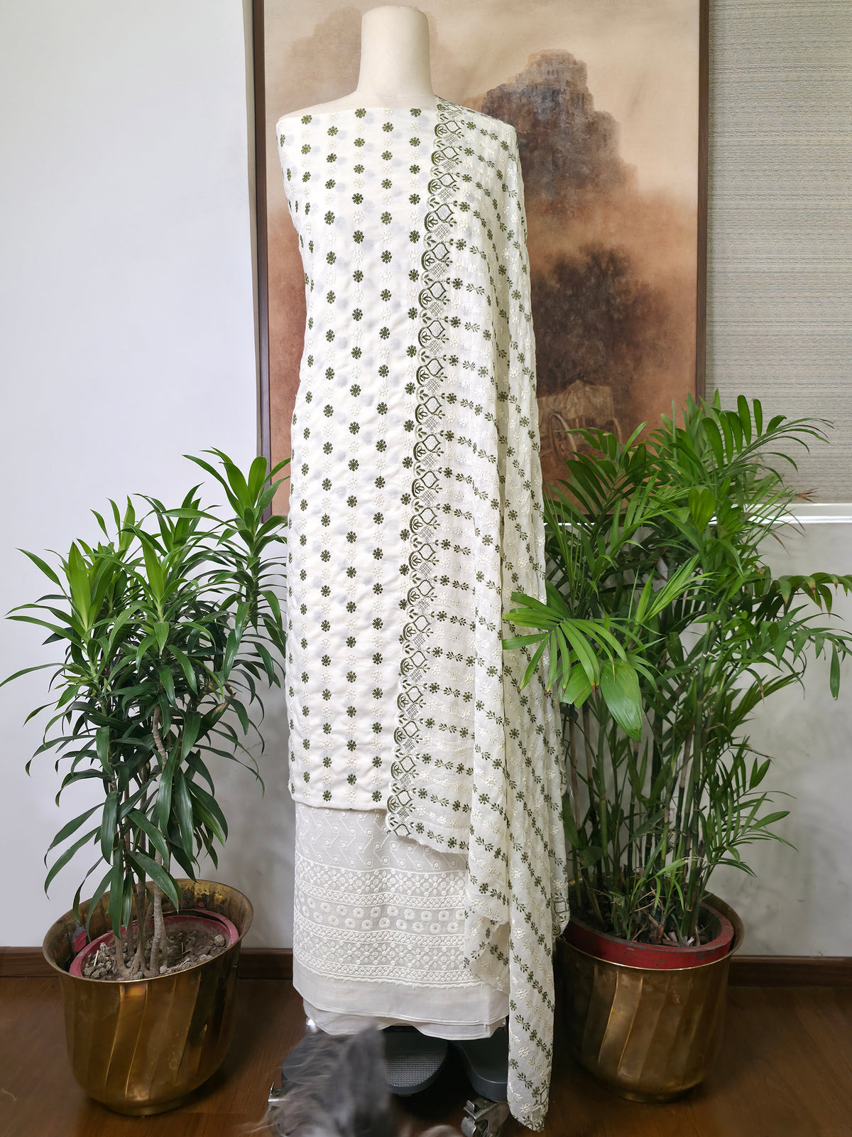 Cotton Embroidered Unstitched Suit- Gulnaar Olive Green