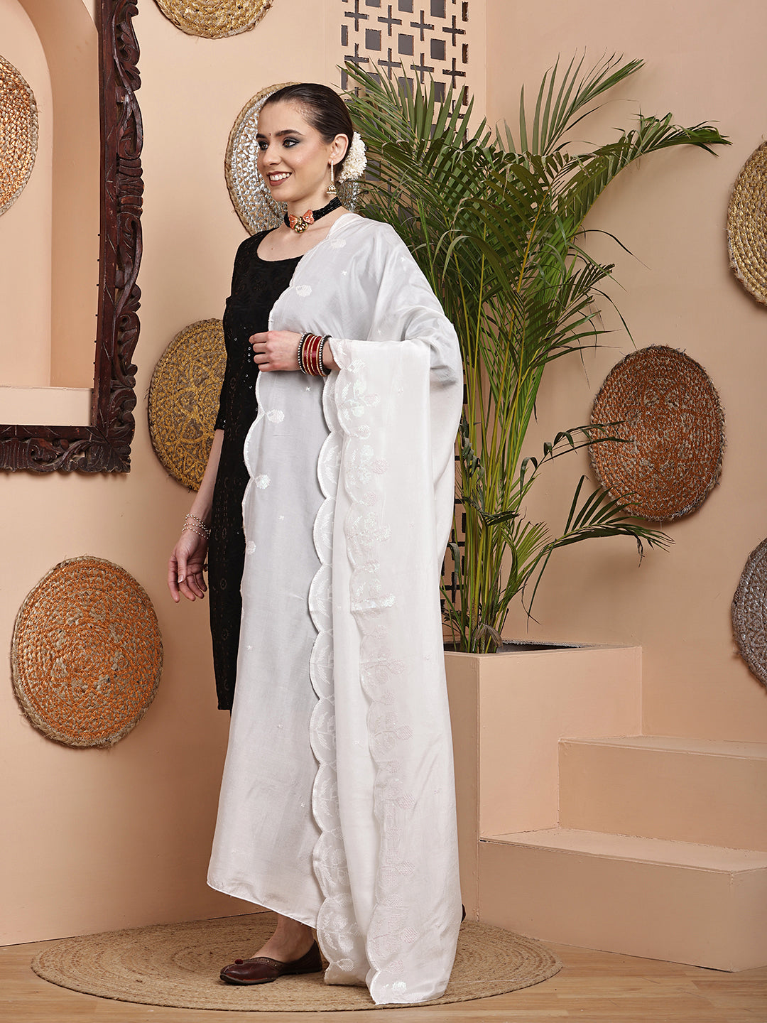 White Dyeable Sequins Embroidered Bordered Dupatta