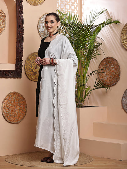 White Dyeable Sequins Embroidered Bordered Dupatta