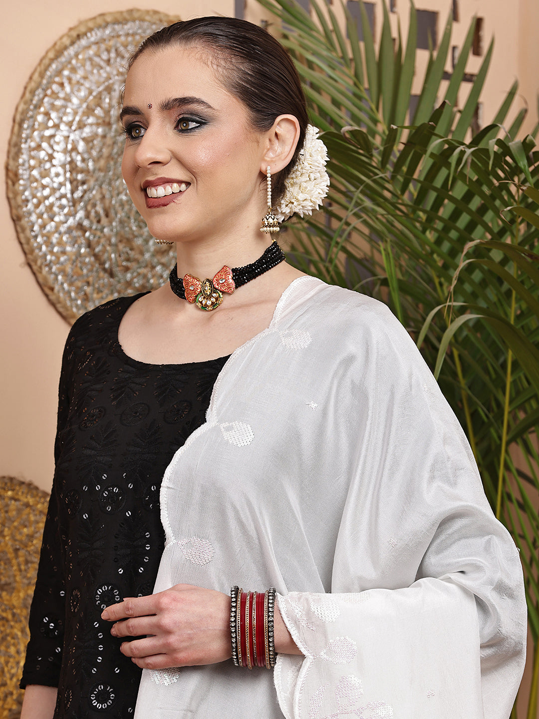 White Dyeable Sequins Embroidered Bordered Dupatta