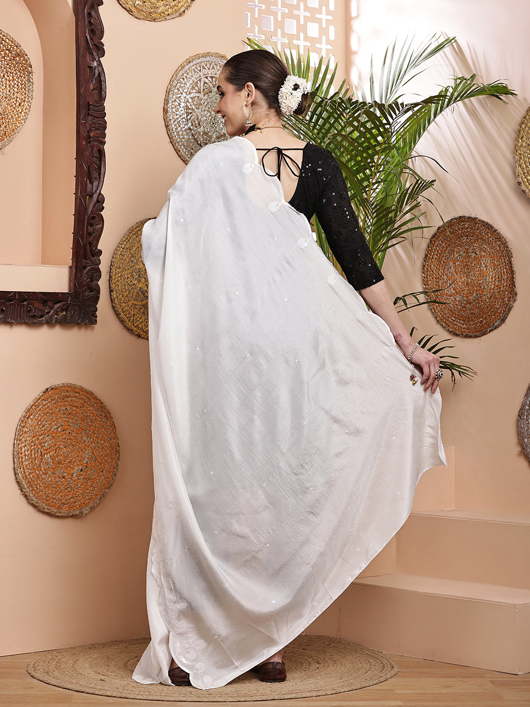 White Dyeable Sequins Embroidered Bordered Dupatta