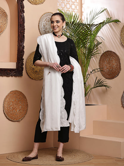 White Dyeable Sequins Embroidered Bordered Dupatta
