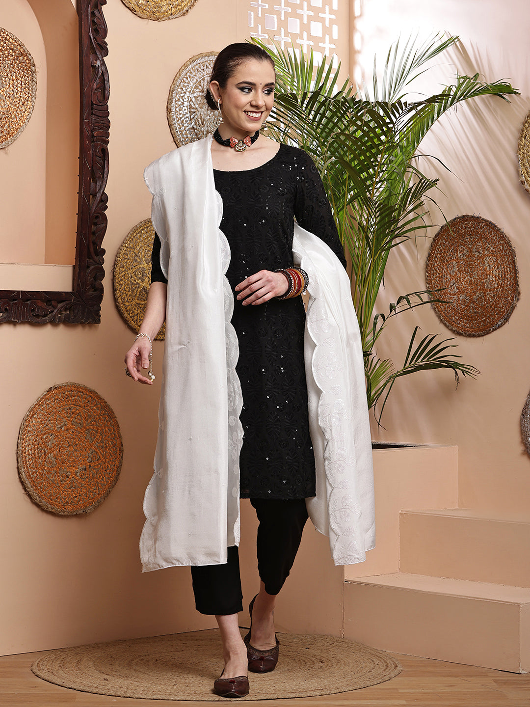 White Dyeable Sequins Embroidered Bordered Dupatta
