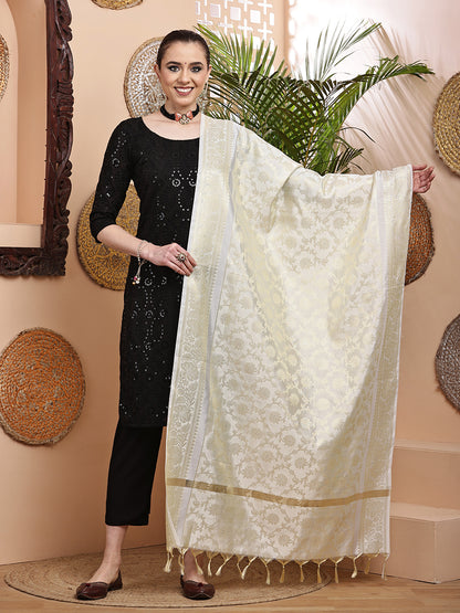 Dupatta-Banarasi Chanderi Buti- White Floral Golden