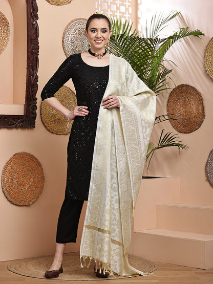 Dupatta-Banarasi Chanderi Buti- White Floral Golden