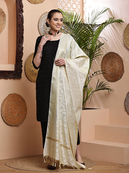 Dupatta-Banarasi Chanderi Buti- White Floral Golden