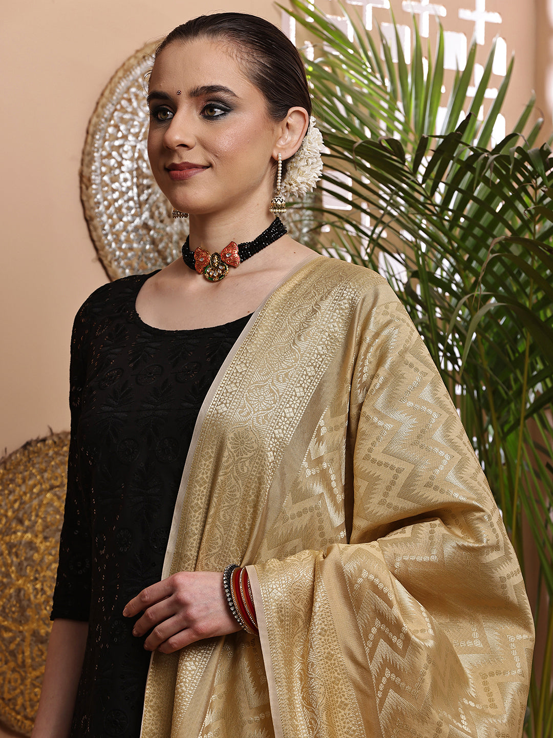 Dupatta-Banarasi Chanderi Buti- Golden