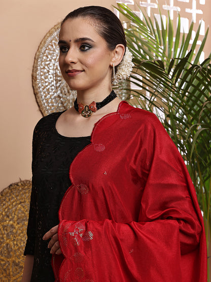 Red Sequins Embroidered Bordered Dupatta