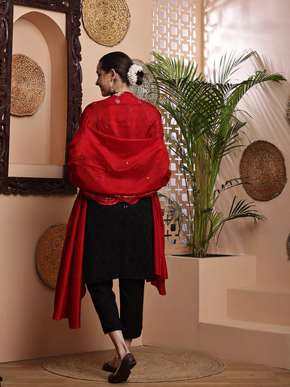 Red Sequins Embroidered Bordered Dupatta