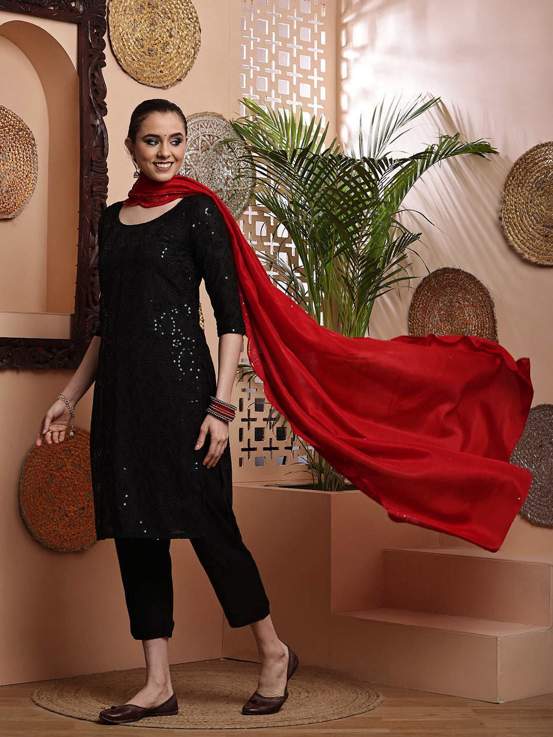 Red Sequins Embroidered Bordered Dupatta