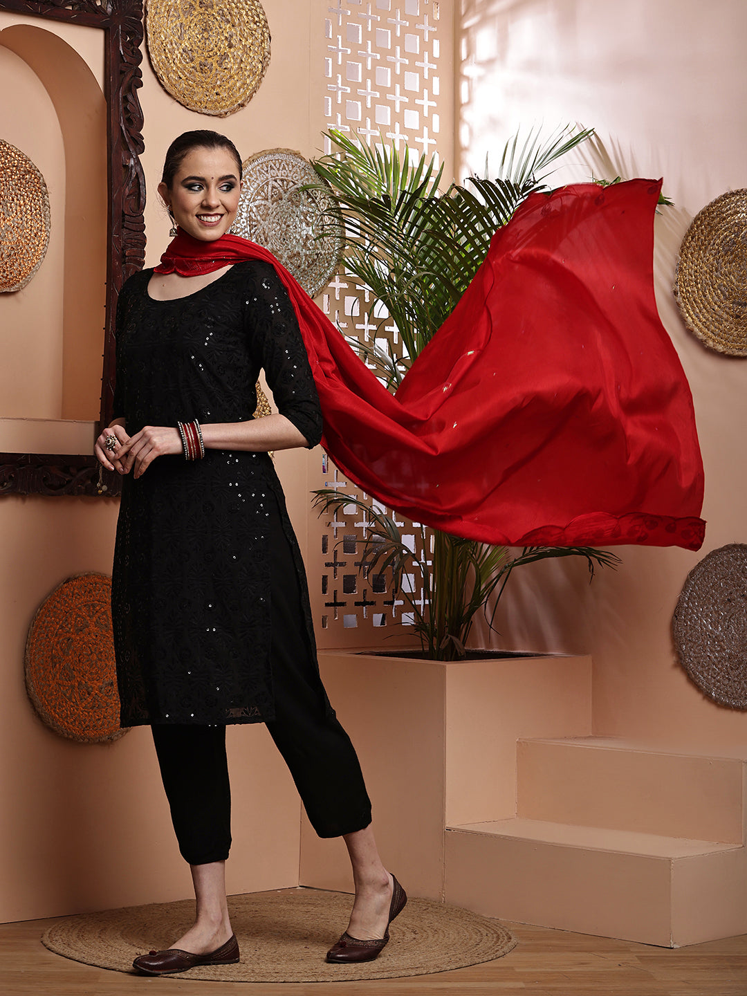 Red Sequins Embroidered Bordered Dupatta