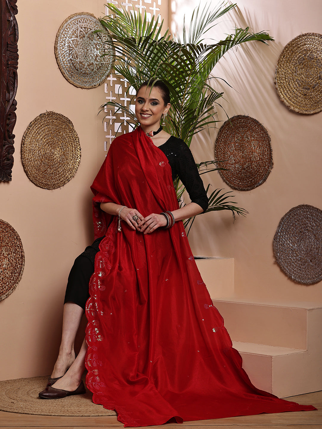 Red Sequins Embroidered Bordered Dupatta