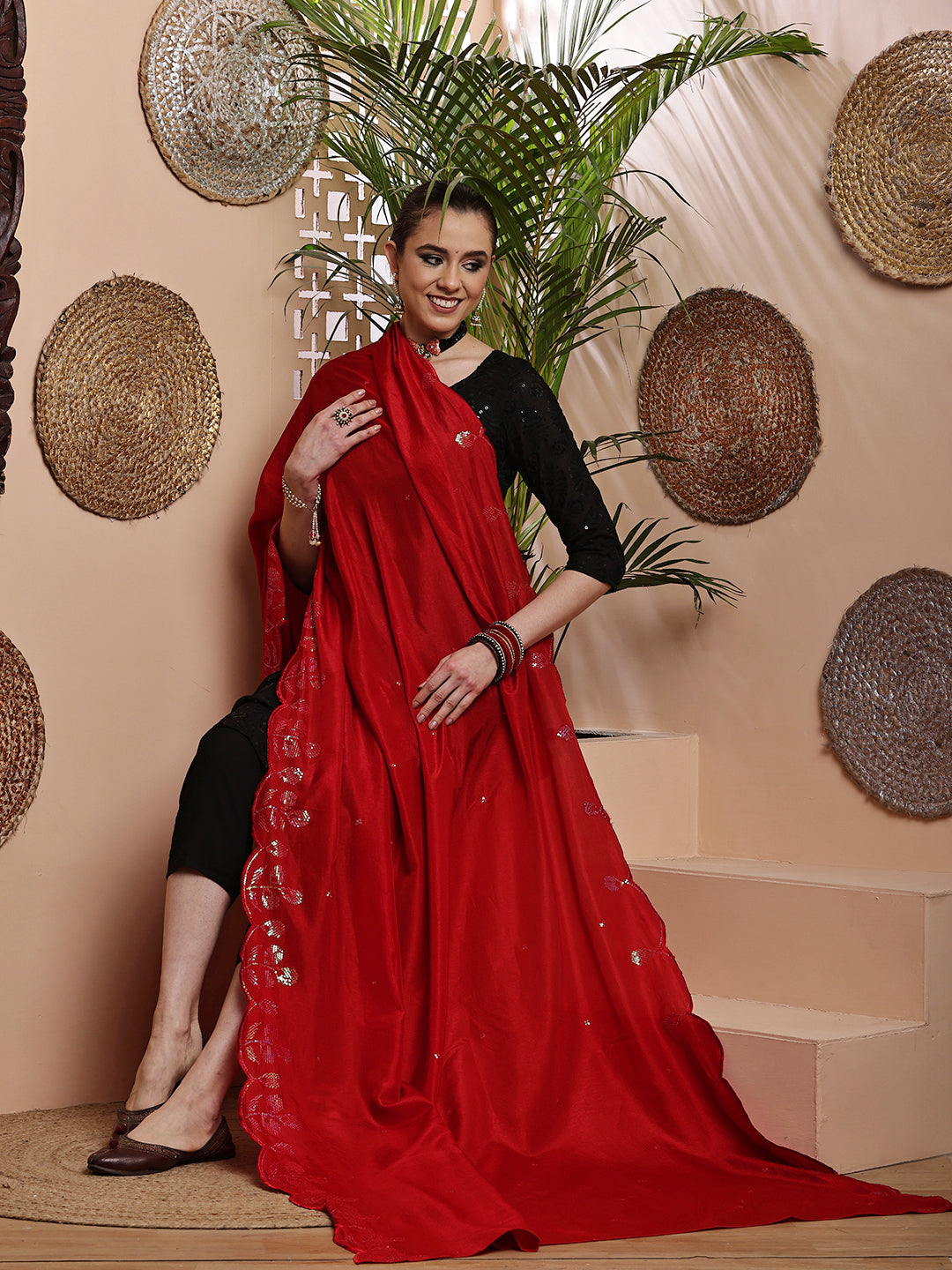 Red Sequins Embroidered Bordered Dupatta