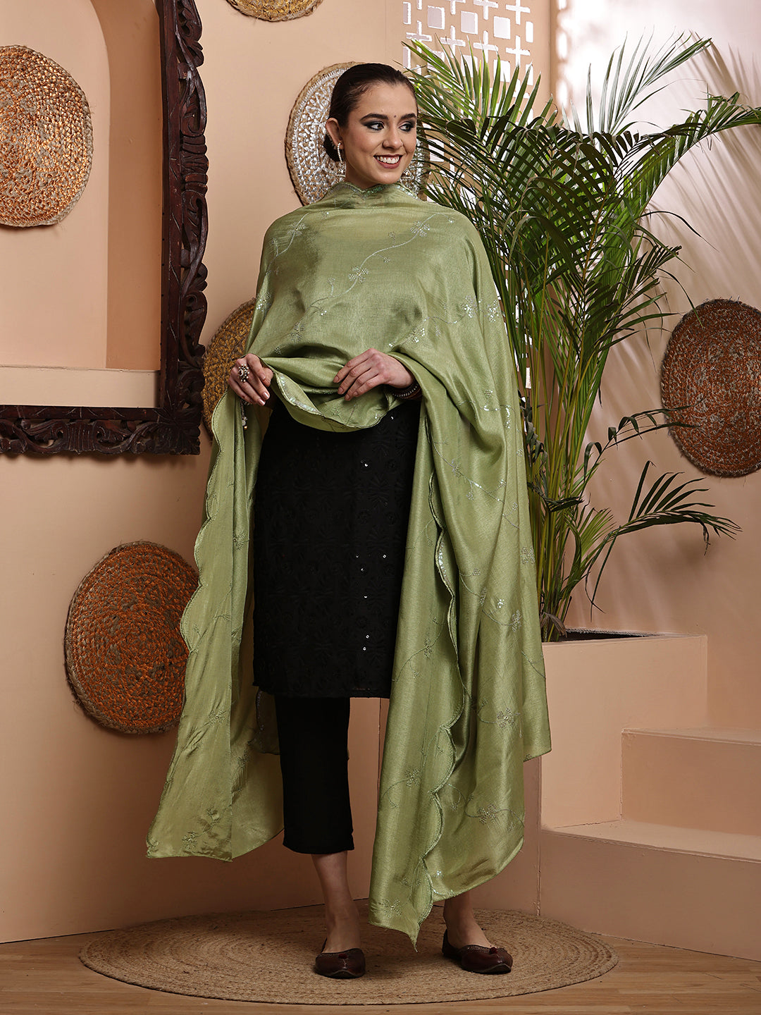Green Dyeable Sequins Embroidered Dupatta