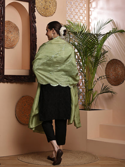 Green Dyeable Sequins Embroidered Dupatta