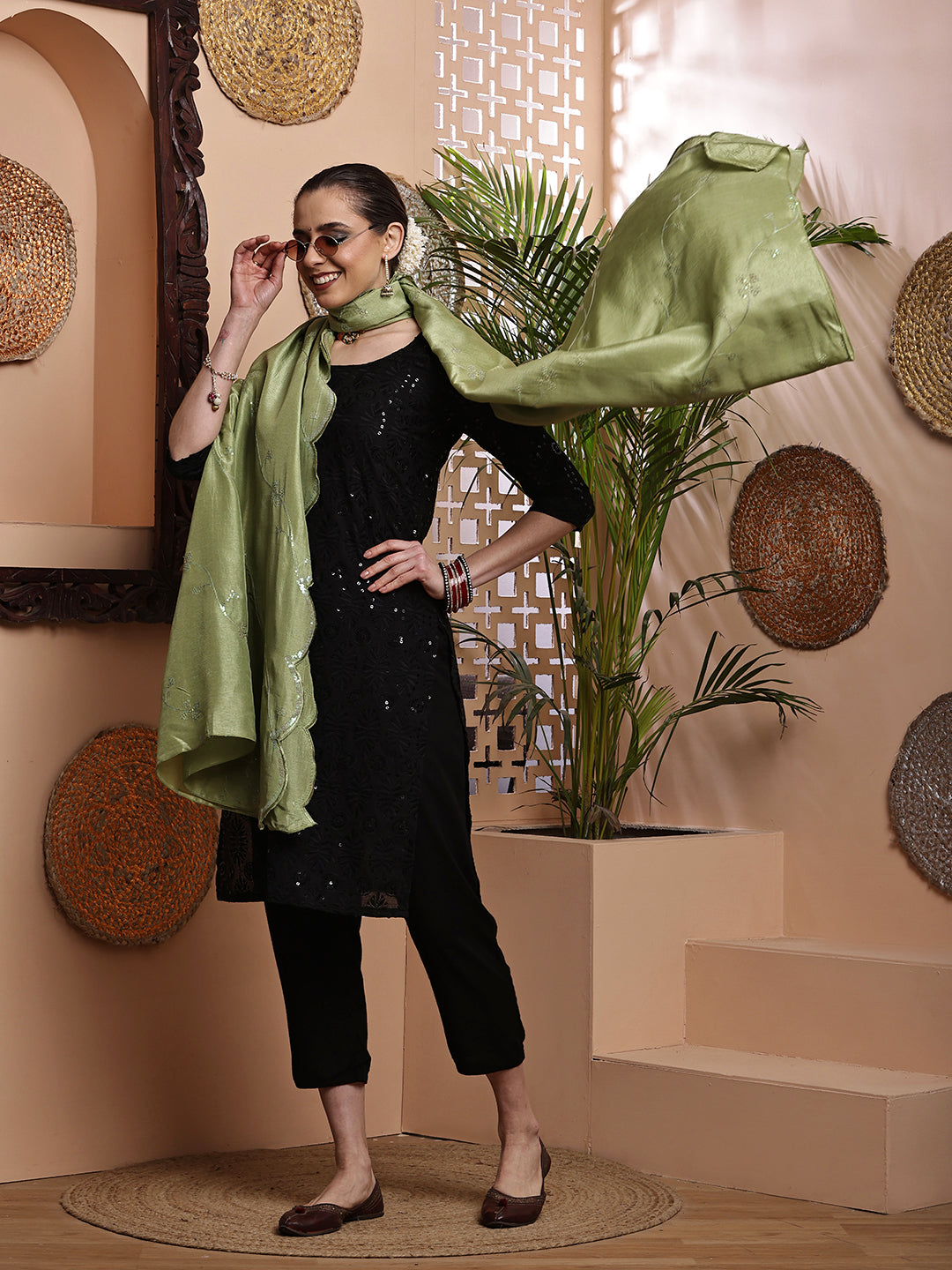 Green Dyeable Sequins Embroidered Dupatta