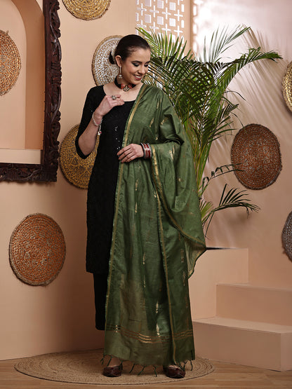 Dupatta- Cotton Viscose -Green Gold Zari-Tree