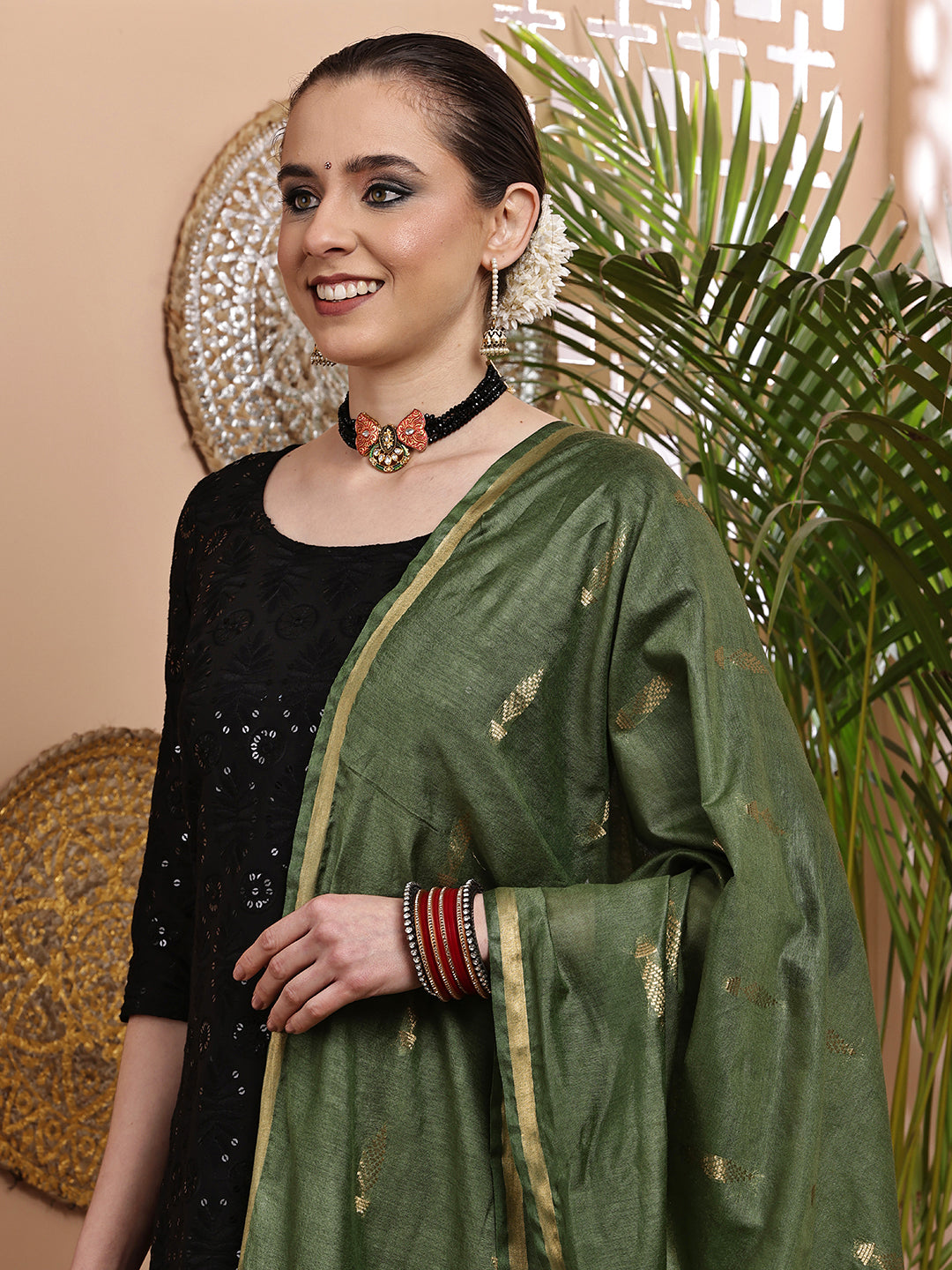 Dupatta- Cotton Viscose -Green Gold Zari-Tree