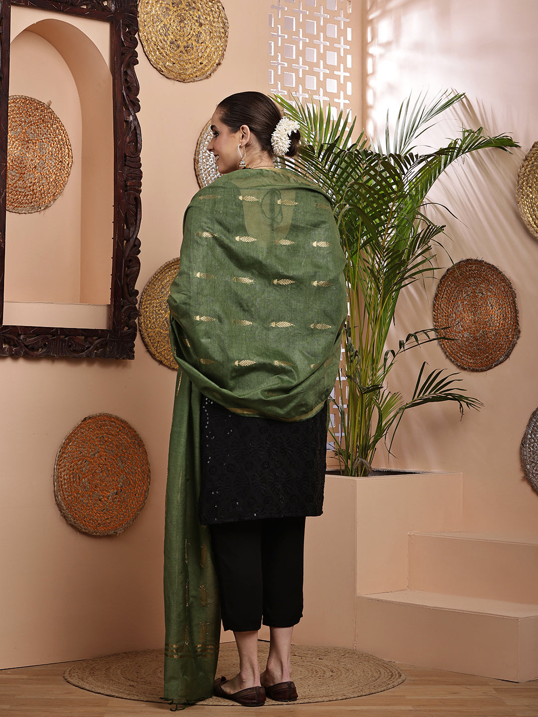 Dupatta- Cotton Viscose -Green Gold Zari-Tree
